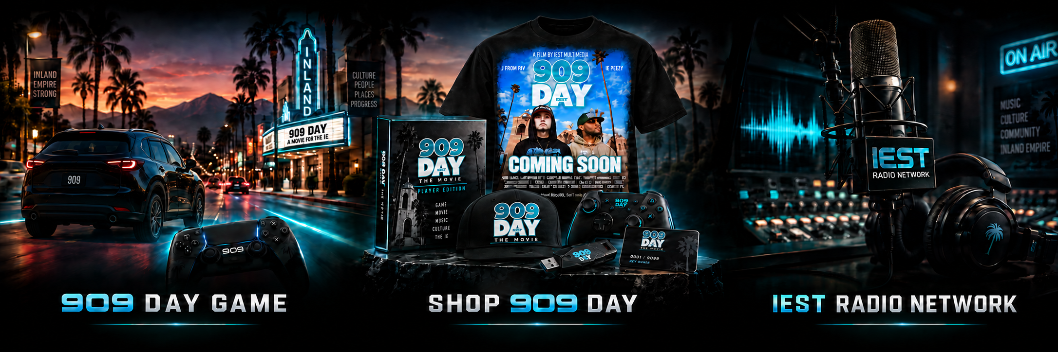 Promotional artwork for 909 Day Game, Shop 909 Day, and IEST Radio Network, featuring a street-driving scene, merchandise concepts, and a radio studio