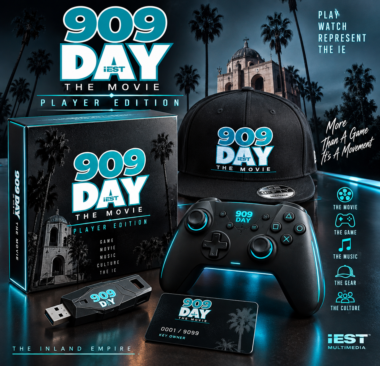 909 Day Player Edition concept with branded cap, controller, USB key, collector card, and packaging