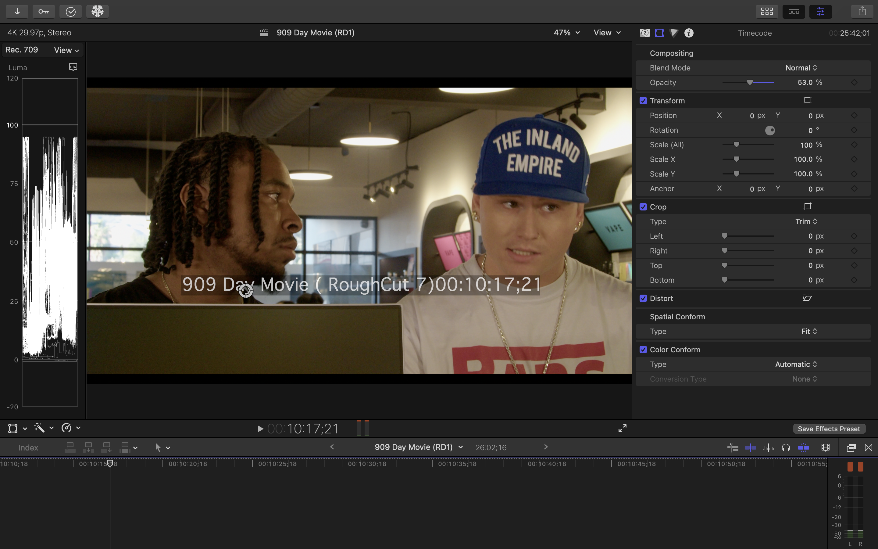 Video editing screenshot showing a 909 Day Movie scene at Culture Banning